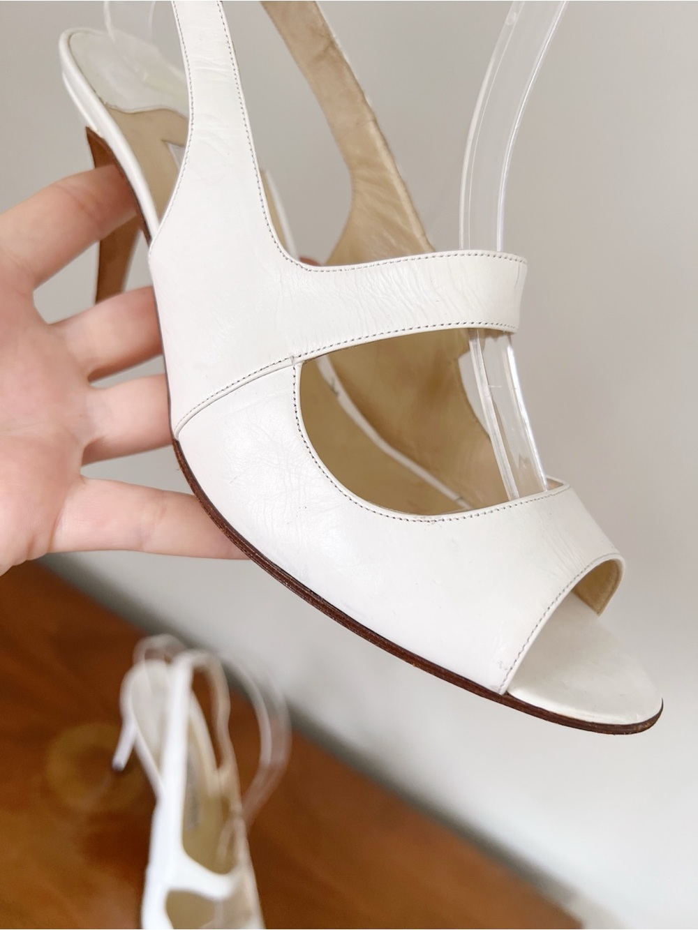 Manolo Blahnik • cream leather heels slingback pumps open toe cutout sandals - Picture 8 of 12
